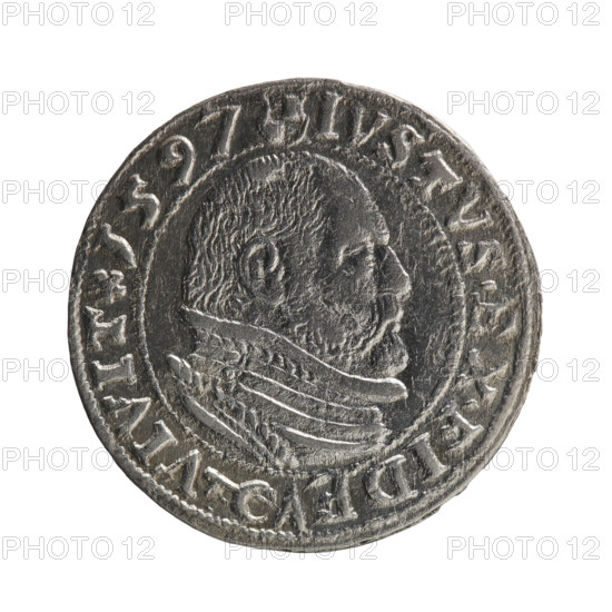 Obverse: Prussian eagle with the crowned letter S on the chest; in the rim between the borders an inscription beginning with a rosette GEORG.FRID:D:G:M:BR:DVX.PRVSS. Reverse: Male bust in armour in profile turned to the right; short hair, beard with sideburns; in the rim between the borders an inscription beginning with the Hohenzollern coat of arms and separated by a hook with the letters CA IVSTVS EX FIDE - VIVIT. 1597. Maker/publisher: Anger, Krzysztof (Christoph). Iconography: eagles, Hohenzollern coat of arms, rosettes, male busts in armour; George Frederick (Duke of Karniów; 1539–1603) referenced. Ducal Prussia (1525–1701), Königsberg. Coin; diameter 22.5 mm, weight 1.78 g, axis 0°.