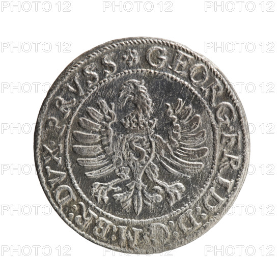 Obverse: Prussian eagle with crowned letter S on the chest; in the rim between borders an inscription beginning with a rosette GEORG.FRID:D:G:M:BR:DVX.PRVSS. Reverse: Male bust in armour in profile facing right; short hair, beard with sideburns; in the rim between borders an inscription beginning with the Hohenzollern coat of arms and divided by a hook with the letters CA IVSTVS EX FIDE - VIVIT. Date: 1597. Subject/iconography: George Frederick (Duke of Karniów; 1539–1603). Origin: Ducal Prussia (1525–1701), Königsberg. Object: coin, diameter 22.4 mm, weight 1.68 g, axis 0°. Materials/style: (coin; heraldic and portrait iconography with rosettes and eagles).