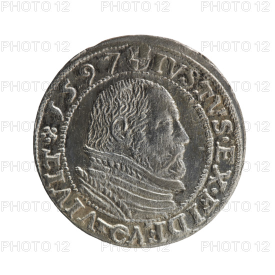 Obverse: Prussian eagle with a crowned letter S on the chest; in the rim between the borders an inscription beginning with a rosette GEORG.FRID:D:G:M:BR:DVX.PRVSS. Reverse: Male bust in armour in profile to the right; short hair, beard with sideburns; in the rim between the borders an inscription beginning with the Hohenzollern coat of arms and divided by a hook with the letters CA IVSTVS EX FIDE - VIVIT. Date: 1597. Iconography: George Frederick (Duke of Karniów; 1539–1603). Place: Ducal Prussia, Königsberg. Object: coin; diameter 22.4 mm; weight 1.68 g; axis 0°. Motifs: Hohenzollern coat of arms, rosettes, eagles, male busts in armour. Publisher/maker: Anger, Krzysztof (Christoph).