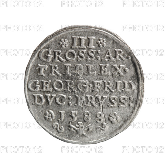Trojak, Gulden, Pawel, publisher. Jerzy Fryderyk (Duke of Karniów; 1539–1603) — iconography: rosettes, male busts in armour. Obverse: male bust in armour in profile turned to the right, separating the inner double border (inner continuous, outer pearly); short hair, beard with sideburns. In the rim an inscription beginning with an ornament: G:FRID:D:G:M:BR:DVX.PRVSSIAE with circles between words. Reverse: in the continuous border an inscription in seven lines: III / GROSS:AR:/ TRIPLEX./ GEORG.FRID:/ DVC:PRVSS:/ I588; denomination and date between rosettes, below the inscription the mint mark. 1588. Ducal Prussia (1525–1701), Königsberg. Coin; diameter 22.0 mm; weight 2.47 g; axis 0°.