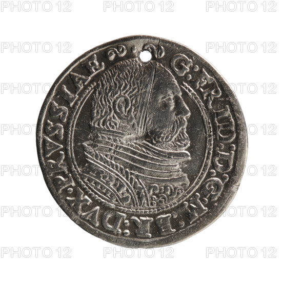Trojak; Pawel Gulden, publisher. Jerzy Fryderyk (Duke of Karniów; 1539–1603) — iconography: rosettes, male busts in armour. Obverse: male bust in armour in profile facing right, separating the inner double border (inner continuous, outer pearly); short hair, beard with sideburns. In the rim an inscription beginning with the ornament G:FRID:D:G:M:BR:DVX.PRVSSIAE; between the words circles; outer continuous border. Reverse: in the continuous border an inscription in seven lines III /GROSS:AR:/TRIPLEX./GEORG.FRID:/DVC:PRVSS:/ I590; denomination and date between rosettes; below the inscription the mint mark. 1590. Ducal Prussia (1525–1701), Königsberg. Coin: diameter 22.9 mm, weight 2.53 g, axis 0°.