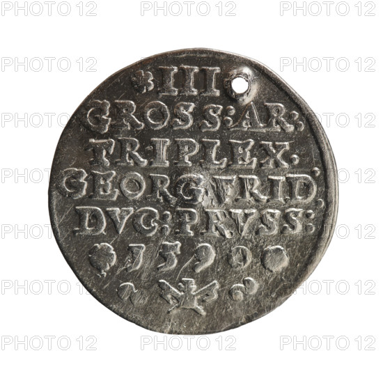 Trojak, Gulden, Pawel, Gulden, Pawel, publisher; Jerzy Fryderyk (Duke of Karniów; 1539–1603) — iconography: rosettes, male busts in armour. Obverse: male bust in armour in profile to the right, separating the inner double border (inner continuous, outer pearly); short hair, beard with sideburns. In the rim an inscription beginning with the ornament: G:FRID:D:G:M:BR:DVX.PRVSSIAE, words separated by circles; outer continuous border. Reverse: in the continuous border an inscription in seven lines: III /GROSS:AR:/TRIPLEX./GEORG.FRID:/DVC:PRVSS:/ I590, denomination and date between rosettes, below the inscription the mint mark. 1590. Ducal Prussia (1525–1701), Königsberg. Coin; diameter 22.9 mm; weight 2.53 g; axis 0°.