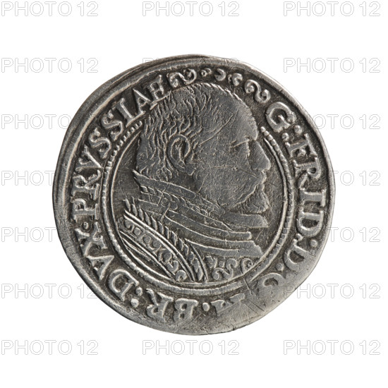 trojak, Gulden, Pawel, Gulden, Pawel, publisher, rosettes, Jerzy Fryderyk (Duke of Karniów; 1539-1603) - iconography, male busts in armour, Obv. Male bust in armour in profile turned to the right, separating an inner, double border (inner continuous, outer pearly); short hair, beard with sideburns. In the rim an inscription beginning with the ornament G:FRID:D:, BR:DVX.PRVSSIAE between the words circles, outer continuous border Rw. In the continuous border an inscription in seven lines III /GROSS:AR:/TRIPLEX./GEORG.FRID:/DVC, RVSS:/ I588 denomination and date between rosettes, below the inscription the mint mark., 1588, Ducal Prussia (1525-1701), Königsberg, coin, coin: diameter 22.1 mm, weight 2.44 g, axis 0 degrees.