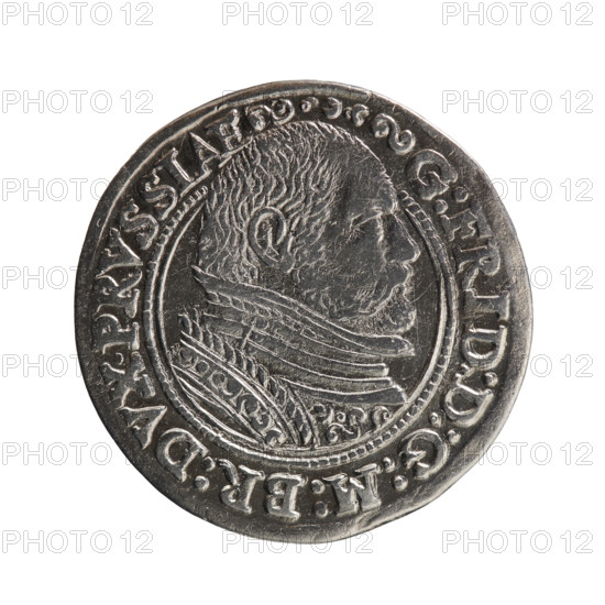 trojak, Gulden, Pawel, publisher, Jerzy Fryderyk (Duke of Karniów; 1539-1603) - iconography, rosettes, male busts in armour, Obv. Male bust in armour in profile turned to the right, separating the inner, double border (inner continuous, outer pearly); short hair, beard with sideburns. In the rim an inscription beginning with the ornament G:FRID:D:G:M:BR:DVX.PRVSSIAE between the words circles, outer continuous border Rw. In the continuous border an inscription in seven lines III /GROSS:AR:/:TRIPLEX./GEORG.FRID:/DVC:PRVSS:/ I588 denomination and date between rosettes, below the inscription the mint mark., 1588, Ducal Prussia (1525-1701), Königsberg, coin, coin: diameter 22.1 mm, weight 2.64 g, axis 0 deg.