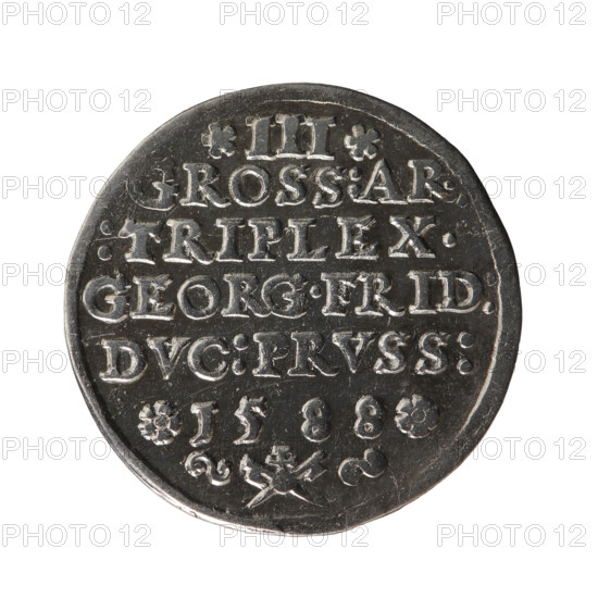 trojak, Gulden, Pawel, publisher, Jerzy Fryderyk (Duke of Karniów; 1539-1603) - iconography, rosettes, male busts in armour, Obv. Male bust in armour in profile turned to the right, separating the inner, double border (inner continuous, outer pearly); short hair, beard with sideburns. In the rim an inscription beginning with the ornament G:FRID:D:G:M:BR:DVX.PRVSSIAE between the words circles, outer continuous border Rw. In the continuous border an inscription in seven lines III /GROSS:AR:/:TRIPLEX./GEORG.FRID:/DVC:PRVSS:/ I588 denomination and date between rosettes, below the inscription the mint mark., 1588, Ducal Prussia (1525-1701), Königsberg, coin, coin: diameter 22.1 mm, weight 2.64 g, axis 0 deg.
