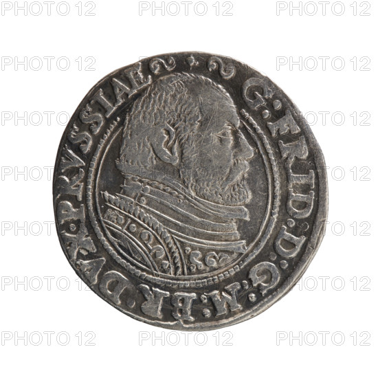 Trojak, Gulden, Pawel, publisher. Jerzy Fryderyk (Duke of Karniów; 1539–1603) — iconography: rosettes, male busts in armour. Obverse: male bust in armour in profile turned to the right, separating the inner double border (inner continuous, outer pearly); short hair, beard with sideburns; in the rim an inscription beginning with the ornament: G:FRID:D:G:M:BR:DVX.PRVSSIAE with circles between words, outer continuous border. Reverse: in the continuous border an inscription in seven lines: III /GROSS:AR:/:TRIPLEX /GEORG.FRID/DVC:PRVSS:/ I588; denomination and date between rosettes; after the word TRIPLEX a rosette; below the inscription the mint mark. 1588. Ducal Prussia (1525–1701), Königsberg. Coin. Diameter 21.7 mm, weight 2.64 g, axis 0°.