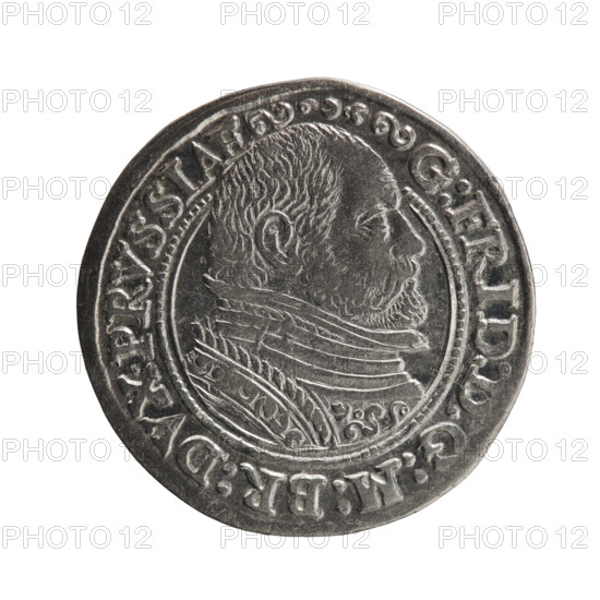 Trojak, Gulden, Pawel, publisher; Jerzy Fryderyk (Duke of Karniów; 1539–1603) — iconography: rosettes, male busts in armour. Obverse: male bust in armour in profile turned to the right, separating the inner double border (inner continuous, outer pearly); short hair, beard with sideburns. In the rim an inscription beginning with the ornament: G:FRID:D:G:M:BR:DVX.PRVSSIAE between the words circles; outer continuous border. Reverse: in the continuous border an inscription in seven lines: III /GROSS:AR:/TRIPLEX./GEORG.FRID:/DVC:PRVSS:/ I588; denomination and date between rosettes, below the inscription the mint mark. 1588, Ducal Prussia (1525–1701), Königsberg. Coin; diameter 22.2 mm; weight 2.59 g; axis 0°.