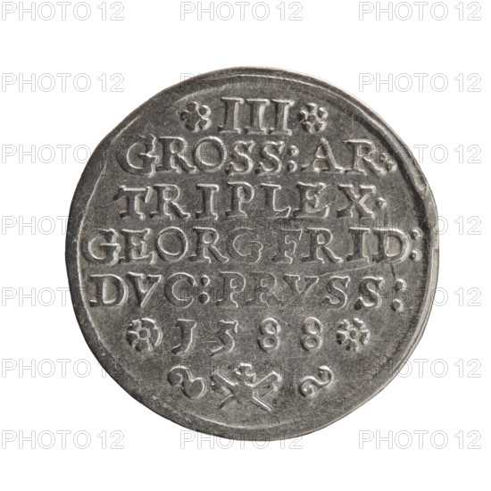 Trojak; Gulden, Pawel, publisher. Jerzy Fryderyk (Duke of Karniów; 1539–1603) — iconography: rosettes, male busts in armour. Obverse: male bust in armour in profile turned to the right, separating the inner double border (inner continuous, outer pearly); short hair, beard with sideburns. In the rim an inscription beginning with the ornament G:FRID:D:G:M:BR:DVX.PRVSSIAE; between the words circles, outer continuous border. Reverse: in the continuous border an inscription in seven lines III /GROSS:AR:/TRIPLEX./GEORG.FRID:/DVC:PRVSS:/ I588; denomination and date between rosettes, below the inscription the mint mark. 1588. Ducal Prussia (1525–1701), Königsberg. Coin; diameter 22.2 mm, weight 2.59 g, axis 0°.