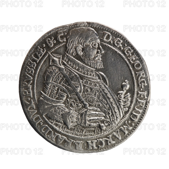 1/8 thaler — commemorative coin on the occasion of the death of Paul Dietherr; rosettes; male bust in armor (George Frederick, Duke of Karniów/Karniów; 1539–1603) — iconography. Obverse: half-figure in armor turned right, separating the inner border and the rim; scepter in right hand, left resting on sword hilt; rim inscription D:G:GEORG.FRID:MARCH:BRAN:DVX.BRVSSIAE.&:C. (ligature AE in BRVSSIAE). Reverse: field inscription in five lines ONOLT./NATVS.S.APR/ANO.1539/OBIIT.26.A,/ANO.1603; rim inscription beginning with a four-petaled rosette IST GOTT MIT VNS WER MAG WIDER VNS S, 1603. Ducal Prussia/Brandenburg; Nuremberg. Coin — diameter 23.6 mm, weight 3.57 g, axis 0°.