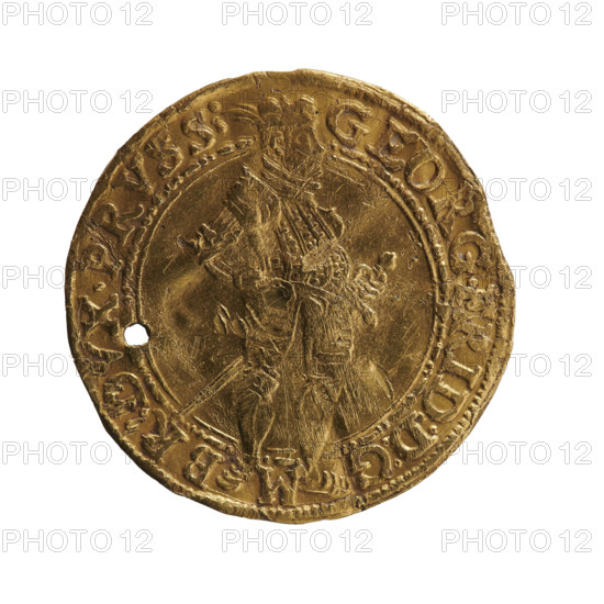 Obv.: A standing figure in armour turned right with a sword at his left side, right hand on hip, left on sword hilt; wearing a ducal mitre. Figure divides a double inner border and a rim. Rim inscription: GEORG.FRID:D:G - .M. - BR:DVX.PRVSS: (circles between words). Rev.: Prussian eagle, on its chest a crowned letter S. Rim inscription beginning with the mint mark MONE:NOVA.AV, EA.DVCA:PRVSS. Date: 1587. Material: ducat (Gulden). Issuer: George Frederick (Duke of Karniów; 1539–1603). Place: Ducal Prussia, Königsberg. Coin, diameter 23.0 mm, weight 3.42 g, axis 315°.