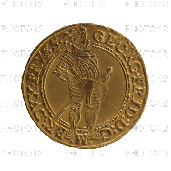 Ducat (Gulden) issued by Pawel; obverse: standing figure in armour turned right with sword at his left side, right hand on hip, left on sword hilt, wearing a ducal mitre; figure divides a double inner border and a rim; rim inscription GEORG.FRID:D:G - .M. - BR:DVX.PRVSS.. with circles between words. Reverse: Prussian eagle with crowned letter S on its chest; rim inscription beginning with MONE:NOVA.AVREA.DVC:PRVSS.I589. Dated 1589; Ducal Prussia (1525–1701), Königsberg. Coin; diameter 22.6 mm, weight 3.45 g, axis 0°.