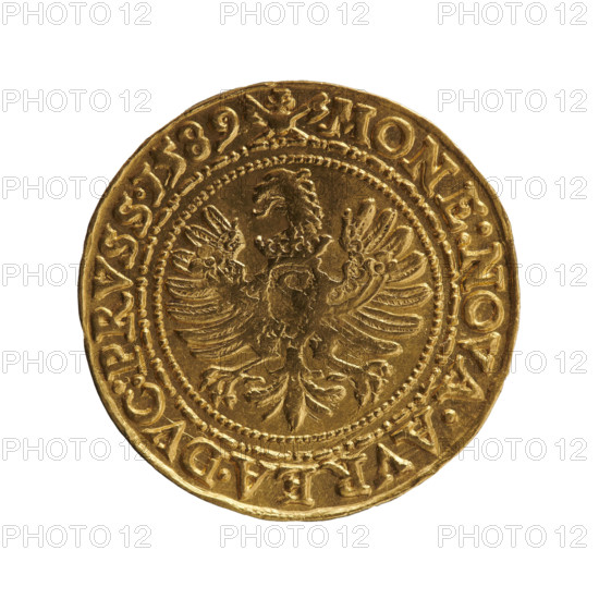 Ducat (Gulden), Pawel (publisher). Obverse: standing figure in armour turned right with a sword at his left side, right hand on hip, left on sword hilt, wearing a ducal mitre; figure divides a double inner border and a rim; rim inscription GEORG.FRID:D:G - .M. - BR:DVX.PRVSS.. with circles between words. Reverse: Prussian eagle with a crowned letter S on its chest; rim inscription beginning with the mint mark MONE:NOVA.AVREA.DVC:PRVSS.I589. 1589. Ducal Prussia (1525–1701), Königsberg. Coin; diameter 22.6 mm; weight 3.45 g; axis 0°.