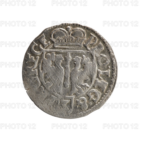 one-and-a-half, Pfahler, Ernest, cross (iconographic), orb of rule (iconographic), coats of arms, John Sigismund (Elector of Brandenburg; 1572–1619). Obverse: Royal orb with a cross whose arms terminate in finials; lower part of orb bears value numerals Z4; date numerals Z–O on sides of the cross. Rim between borders: inscription divided by a cross and terminating in a heart hallmark: .SI.MAR.BR., .I.EL.PD Rw. Reverse: Under the ducal mitre, a Prussian coat of arms; in the shield, the value numeral 3. Rim between borders: inscription separated by a mitre and the value numeral PRO.LEG.& -, REGE, 1620. Königsberg, Ducal Prussia (1525–1701). Coin; diameter 19.3 mm; weight 1.12 g; axis 315°.