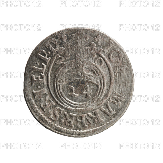 Obverse: royal orb with a cross whose arms terminate in finials; lower part of orb shows value numerals Z4; date numerals Z-O on sides of cross; rim between borders bears an inscription divided by a cross and terminating in a heart-hallmark; IO, MAR.BR.SRIEL.PD. Reverse: under the ducal mitre, a Prussian coat of arms; below in the shield the value digit 3; rim between borders bears an inscription divided by a mitre and the value digit PR, EG.& - PR.GREGE, 1620. John Sigismund (Elector of Brandenburg; 1572–1619). Ducal Prussia (1525–1701), Königsberg. Coin, diameter 19.5 mm, weight 1.15 g, axis 280°. Maker: Pfahler, Ernest. One-and-a-half (denomination).