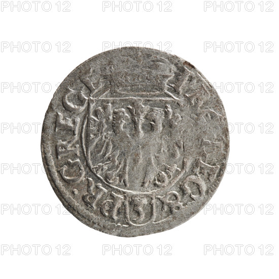 One-and-a-half, Pfahler, Ernest; orb of rule (iconographic), cross (iconographic), coats of arms; John Sigismund (Elector of Brandenburg; 1572–1619). Obverse: royal orb with a cross whose arms terminate in finials; lower part of orb shows value numerals Z4; date numerals Z-O on sides of the cross. Rim between borders bears an inscription divided by a cross and terminating in a heart — hallmark IO, MAR.BR.SRIEL.PD. Reverse: under a ducal mitre, a Prussian coat of arms; below in the shield the value digit 3. Rim between borders bears an inscription divided by a mitre and the value digit PR, EG.&- PR.GREGE, 1620. Ducal Prussia (1525–1701), Königsberg. Coin: diameter 19.5 mm, weight 1.15 g, axis 280°.
