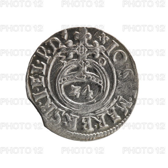 one and a half, Pfahler, Ernest, cross (iconographic), orb of rule (iconographic), coats of arms, John Sigismund (Elector of Brandenburg; 1572-1619), Obv. Royal orb with a cross with arms terminating in finials. In the lower part of the orb, value numerals Z4. On the sides of the cross, date numerals Z - O. On the rim, between the borders, an inscription divided by a cross and terminating with a heart - hallmark +IO, .MAR.BR.SRIEL.PD Rw. Under the ducal mitre, a Prussian coat of arms. Below in the shield, the value numeral 3. On the rim, between the borders, an inscription divided by the mitre and the value numeral PRO.LEG.&amp; - PR, REGE., 1620, Ducal Prussia (1525-1701), Königsberg, coin, coin: diameter 19.4 mm, weight 1.27 g, axis 300 degrees
