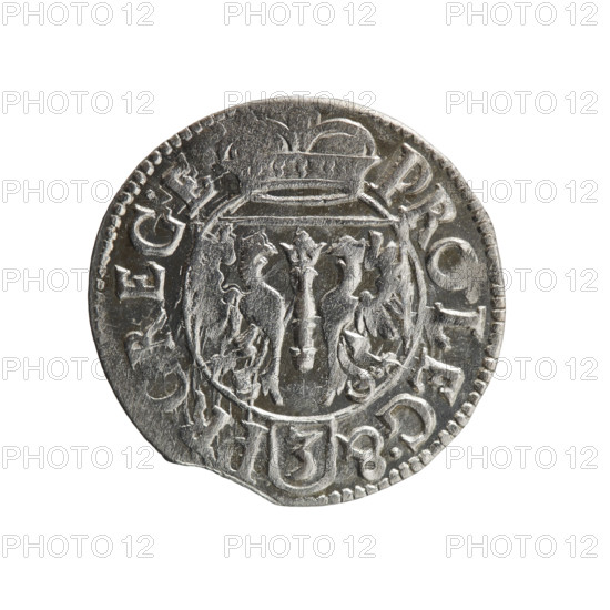 one and a half, Pfahler, Ernest, cross (iconographic), orb of rule (iconographic), coats of arms, John Sigismund (Elector of Brandenburg; 1572-1619). Obv.: Royal orb with a cross with arms terminating in finials; in the lower part of the orb, value numerals Z4; on the sides of the cross, date numerals Z-O; on the rim between the borders, an inscription divided by a cross and terminating with a heart - hallmark +IO .MAR.BR.SRIEL.PD. Rev.: Under the ducal mitre, a Prussian coat of arms; below in the shield, the value numeral 3; on the rim between the borders, an inscription divided by the mitre and the value numeral PRO.LEG.& PR, REGE., 1620. Ducal Prussia (1525–1701), Königsberg; coin; diameter 19.4 mm; weight 1.27 g; axis 300°.