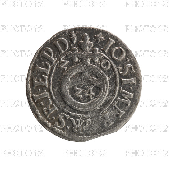One and a half, Pfahler, Ernest, cross (iconographic), orb of rule (iconographic), coats of arms, John Sigismund (Elector of Brandenburg; 1572–1619). Obv.: Royal orb with a cross with arms terminating in finials; in the lower part of the orb, value numerals Z4; on the sides of the cross, date numerals Z–O; on the rim, between the borders, an inscription separated by a cross and terminating with a heart—hallmark +IO.SI.M, RSRIEL.PD Rw. Rev.: Under the ducal mitre, a Prussian coat of arms; below in the shield, the value numeral 3; on the rim, between the borders, an inscription separated by a mitre and the value numeral PRO.LEG.& PR.GREGE, 1620. Ducal Prussia (1525–1701), Königsberg; coin, diameter 19.3 mm, weight 1.21 g, axis 225°.