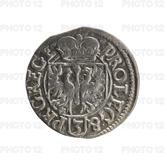 One and a half; Pfahler, Ernest; cross (iconographic); orb of rule (iconographic); coats of arms; John Sigismund (Elector of Brandenburg; 1572–1619). Obv.: Royal orb with a cross with arms terminating in finials; in the lower part of the orb, value numerals Z4; on the sides of the cross, date numerals Z–O; on the rim, between the borders, an inscription separated by a cross and terminating with a heart — hallmark +IO.SI.M, RSRIEL.PD Rw. Rev.: Under the ducal mitre, a Prussian coat of arms; below in the shield, the value numeral 3; on the rim, between the borders, an inscription separated by a mitre and the value numeral PRO.LEG.& PR.GREGE, 1620. Ducal Prussia (1525–1701), Königsberg; coin; diameter 19.3 mm; weight 1.21 g; axis 225°.
