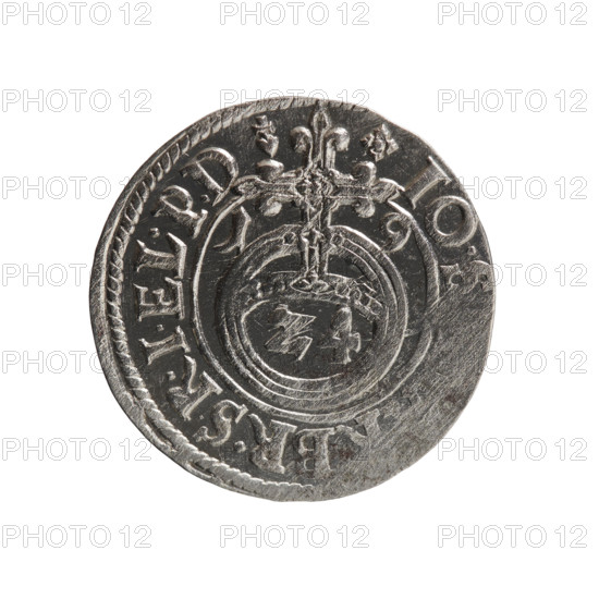 one-and-a-half, Pfahler, Ernest, cross (iconographic), orb of rule (iconographic), coats of arms, John Sigismund (Elector of Brandenburg; 1572–1619). Obv.: Royal orb with a cross with arms terminating in finials; in the lower part of the orb, value numerals Z4; on the sides of the cross, date numerals I–9. On the rim between the borders, an inscription divided by a cross and terminating with a heart - hallmark +IO., BR.SRIEL.PD Rw. Rev.: Under the ducal mitre, a Prussian coat of arms; below in the shield, the value digit 3. In the rim between the borders, an inscription divided by a mitre and the value digit PRO.LEG.& PR.GR, 1619. Ducal Prussia (1525–1701), Königsberg; coin. Diameter 19.3 mm; weight 1.15 g; axis 270°.