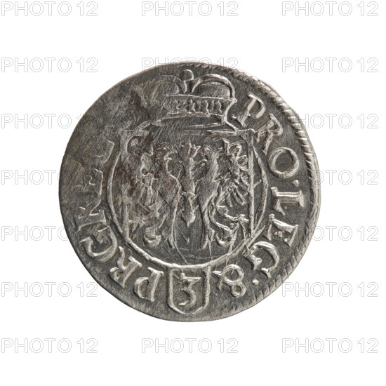 One-and-a-half; Pfahler, Ernest; cross (iconographic); orb of rule (iconographic); coats of arms; John Sigismund (Elector of Brandenburg; 1572–1619). Obverse: royal orb with a cross with arms terminating in finials; lower part of orb with value numerals Z4; on the sides of the cross date numerals I - 9; rim between borders bears an inscription divided by a cross and terminating with a heart - hallmark +IO. Reverse: under the ducal mitre, a Prussian coat of arms; below in the shield the value digit 3; rim between borders with an inscription divided by a mitre and the value digit PRO.LEG.& - PR.GR, 1619. Ducal Prussia (1525–1701), Königsberg; coin. Diameter 19.3 mm; weight 1.15 g; axis 270°.