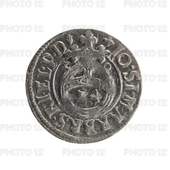 one-and-a-half, Pfahler, Ernest, cross (iconographic), orb of rule (iconographic), coats of arms, John Sigismund (Elector of Brandenburg; 1572–1619). Obv.: Royal orb with a cross with arms terminating in finials; in the lower part of the orb, value numerals Z4; on the sides of the cross, date numerals Z–O. In the rim between the borders, an inscription divided by a cross and terminating in a heart - hallmark +IO.SI.MAR.BR.SRIEL.PD. Rev.: Under the ducal mitre, a Prussian coat of arms; below in the shield the value digit 3. In the rim between the borders an inscription divided by a mitre and the value digit PR, -, GREGE., 1620. Ducal Prussia (1525–1701), Königsberg; coin: diameter 19.4 mm, weight 1.27 g, axis 45 degrees.