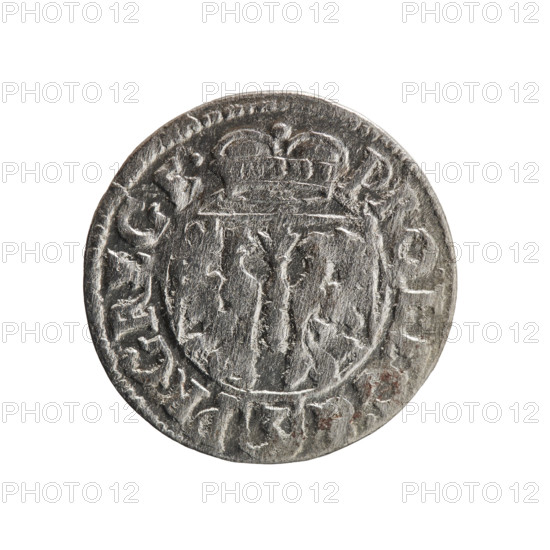 one-and-a-half, Pfahler, Ernest, cross (iconographic), orb of rule (iconographic), coats of arms, John Sigismund (Elector of Brandenburg; 1572–1619). Obverse: royal orb with a cross whose arms terminate in finials; lower part of the orb shows value numerals Z4; date numerals Z - O on the sides of the cross; in the rim between borders, an inscription divided by a cross and terminating in a heart - hallmark +IO.SI.MAR.BR.SRIEL.PD. Reverse: under the ducal mitre, a Prussian coat of arms; below in the shield the value digit 3; in the rim between the borders an inscription divided by a mitre and the value digit PR, -, GREGE., 1620. Ducal Prussia (1525–1701), Königsberg. Coin, diameter 19.4 mm, weight 1.27 g, axis 45 degrees.
