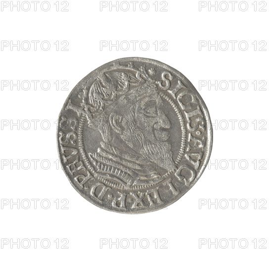 Gdansk grosz, Sigismund II Augustus (King of Poland; 1544–1572), Jagiellon dynasty; obverse: crowned male bust in profile turned to the right, rim between pearl-shaped borders with inscription divided at the top: .SIGIS.AVG.REX.PDPRVSSI; reverse: coat of arms of Gdansk, rim between pearl-shaped borders with inscription: .GROSSVS:CIVI.GEDANEN.1.5.5.7.; 1557; Poland, Gdansk; coin; axis 20 degrees.