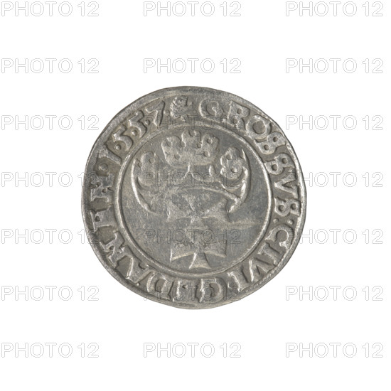 Gdansk grosz, Sigismund II Augustus (King of Poland; 1544–1572), Jagiellon dynasty; obverse: crowned male bust in profile turned to the right, rimed by pearl-shaped borders with inscription divided at the top: .SIGIS.AVG.REX.PDPRVSSI; reverse: coat of arms of Gdansk, rimed by pearl-shaped borders with inscription: .GROSSVS:CIVI.GEDANEN.1.5.5.7.; 1557; Poland, Gdansk; coin; axis 20 degrees.