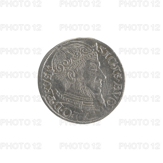 Gdansk trojak, Sigismund II Augustus (King of Poland; 1544–1572), Jagiellonians (dynasty). Royal male bust. Polish coin showing Gdansk coat of arms and city coats of arms. Iconography: Sigismund II Augustus (King of Poland; 1520–1572) — male busts, inscriptions. Obverse: Crowned male bust in profile turned right; rim inscription divided at top: SIGIS.AVG., X.PO.D.PRVS. Reverse: Below the value number .III. inscription: GROSS.A, /TRIP.CI, /GEDANEN; below the year and mint mark lilies: .15 - 57./. - . separated by a shield with the coat of arms of Gdansk. Date: 1557. Place: Poland, Gdansk. Coin axis: 315 degrees.