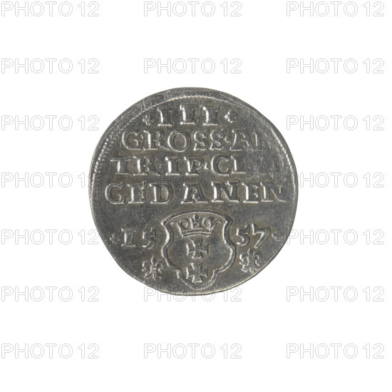 Gdansk trojak, Sigismund II Augustus (King of Poland; 1544–1572), Jagiellonians (dynasty). Obverse: crowned male bust in profile turned right; rim inscription divided at top: SIGIS.AVG., X.PO.D.PRVS. Reverse: below the value number .III. inscription: GROSS.A, /TRIP.CI, /GEDANEN; below the year and mint mark lilies: .15 - 57./. - . separated by a shield with the coat of arms of Gdansk. 1557. Poland, Gdansk. Coin; axis 315 degrees.