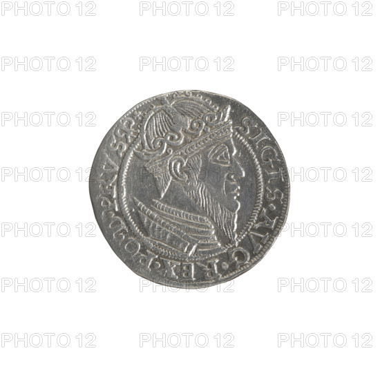 Gdansk trojak, Sigismund II Augustus (King of Poland; 1544–1572), Jagiellonian dynasty; silver coin (trojak), 1557. Obverse: crowned royal bust in profile turned right with rim inscription terminating in a lily: SIGIS.AVG.REX.PO.D.PRVS. Reverse: below the denomination .III. the inscription GROSS.AR/TRIP.CIVI/GEDANEN and the date .15-57. separated by a shield with the coat of arms of Gdansk. Axis 190 degrees.
