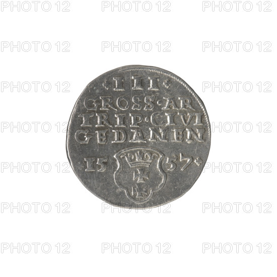 Gdansk trojak, Sigismund II Augustus (King of Poland; 1544–1572), Jagiellonians (dynasty). Silver coin (trojak), 1557. Obverse: crowned male bust in profile turned right with rim inscription divided at the top, terminating in a lily: 'SIGIS.AVG.REX.PO.D.PRVS.' Reverse: below denomination '.III.' inscription 'GROSS.AR/TRIP.CIVI/GEDANEN' and year '.15-57.' separated by a shield with the coat of arms of Gdansk. Axis 190 degrees.
