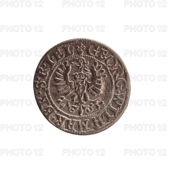 szelag, eagles, George William Hohenzollern (Elector of Brandenburg; Prince of Prussia; 1620–1640), Hohenzollern (coat of arms), rosettes. Obv.: Prussian eagle, on its chest the crowned letter S; in the rim between the borders an inscription beginning with a heart — GEORG.WILH.MAR.BR.SRIEL. Rev.: monogram composed of the letters GW; in the rim between the borders an inscription divided by the Hohenzollern coat of arms +SOLIDVS.PR - VSSIAE. Date: 1625. Duchy of Prussia (1525–1701), Königsberg. Coin. Diameter 16.5 mm; weight 0.60 g; axis 0°.