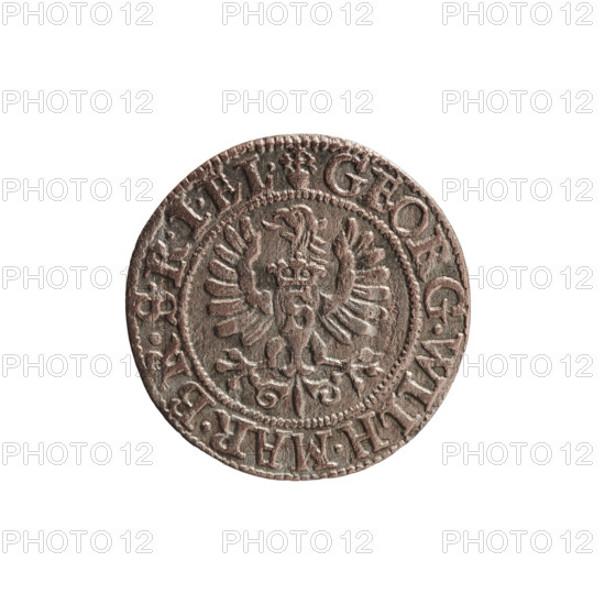 szelag, George William Hohenzollern (Elector of Brandenburg; Prince of Prussia; 1620–1640), obverse: Prussian eagle with crowned letter S on its chest; in rim between borders an inscription beginning with a heart: GEORG.WILH.MAR.BR.SRIEL. reverse: monogram composed of the letters GW; in rim between borders an inscription beginning with a rosette, divided by the Hohenzollern coat of arms: SOLIDVS.PR - VSSIAE.1625. Ducal Prussia (1525–1701), Königsberg; coin, diameter 16.3 mm, weight 0.58 g, axis 0 degrees.