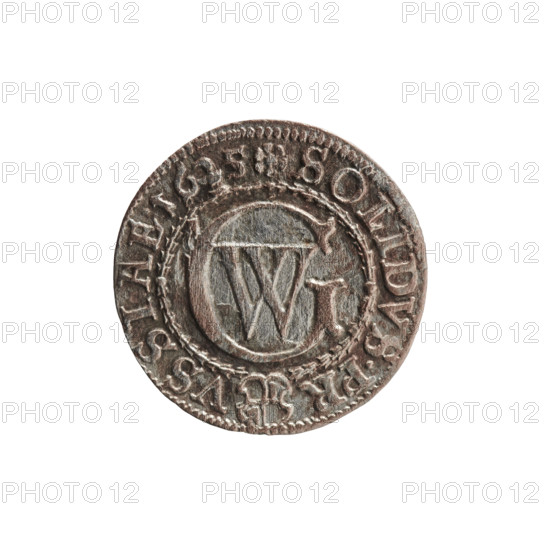 szelag by Ernest Pfahler. Obverse: Prussian eagle with crowned letter S on its chest; rim inscription beginning with a heart: GEORG.WILH.MAR.BR.SRIEL. Reverse: monogram composed of the letters GW; rim inscription beginning with a rosette, divided by the Hohenzollern coat of arms: SOLIDVS.PR - VSSIAE.1625. Dated 1625. Ducal Prussia (1525–1701), Königsberg. Coin, diameter 16.3 mm, weight 0.58 g, axis 0°.