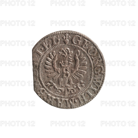 szelag; obverse: Prussian eagle with crowned letter S on its chest; rim inscription beginning with a heart: GEORG.WILH.MAR.B. .I.EL.; reverse: monogram composed of the letters GW; rim inscription beginning with a rosette, divided by the Hohenzollern coat of arms: SOLI, S.PR -, S, E.1625; Hohenzollern (coat of arms), rosettes; George William Hohenzollern (Elector of Brandenburg; Prince of Prussia; 1620–1640); Ducal Prussia (1525–1701), Königsberg; coin, 1625; diameter 16.2 mm; weight 0.57 g; axis 0°.
