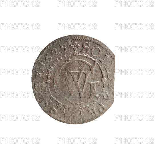 szelag, eagles, George William Hohenzollern (Elector of Brandenburg; Prince of Prussia; 1620-1640), rosettes, Hohenzollern (coat of arms). Obverse: Prussian eagle, on its chest the crowned letter S; in the rim between the borders an inscription beginning with a heart — GEORG.WILH.MAR.B, .I.EL. Reverse: monogram composed of the letters GW; in the rim between the borders an inscription beginning with a rosette, divided by the Hohenzollern coat of arms: SOLI, S.PR -, S, E.1625. Date: 1625. Duchy: Ducal Prussia (1525–1701), Königsberg. Coin: diameter 16.2 mm, weight 0.57 g, axis 0 degrees.