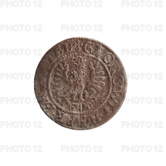 szelag, Pfahler, Ernest, eagles, rosettes, George William Hohenzollern (Elector of Brandenburg; Prince of Prussia; 1620-1640), Hohenzollern (coat of arms). Obv.: Prussian eagle, on its chest the crowned letter S. In the rim between the borders an inscription beginning with a heart - the hallmark G, ORG.WI, H.MAR.B, .EL. Rev.: Monogram composed of the letters GW. In the rim between the borders an inscription beginning with a rosette, divided by the Hohenzollern coat of arms: SOLIDVS.PR - VSSIAE, 6, 3, 1633. Ducal Prussia (1525–1701), Königsberg. Coin; diameter 15.9 mm; weight 0.49 g; axis 0°.