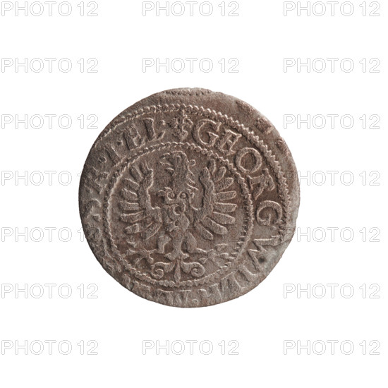 szelag, Pfahler, Ernest; eagles; George William Hohenzollern (Elector of Brandenburg; Prince of Prussia; 1620–1640); Hohenzollern (coat of arms); rosettes. Obverse: Prussian eagle, on its chest the crowned letter S; on the rim between the borders an inscription beginning with a heart — the hallmark GEORG.WILH. SRIEL. Reverse: monogram composed of the letters GW; on the rim between the borders an inscription beginning with a rosette, divided by the Hohenzollern coat of arms SOLID — VSS, 1633. Ducal Prussia (1525–1701), Königsberg. Coin: diameter 16.2 mm, weight 0.48 g, axis 0°