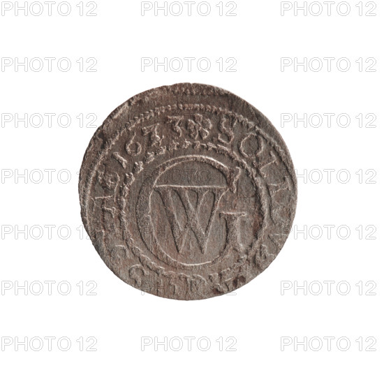 Szelag (coin), Ernest Pfahler. Obverse: Prussian eagle with crowned letter S on its chest; rim inscription beginning with a heart—GEORG.WILH...SRIEL. Reverse: monogram composed of the letters GW; rim inscription beginning with a rosette, divided by the Hohenzollern coat of arms—SOLID-VSS; date 1633. Features: rosettes, Hohenzollern coat of arms; associated with George William Hohenzollern (Elector of Brandenburg; Prince of Prussia; 1620–1640). Place/date: Ducal Prussia, Königsberg, 1633. Coin specifications: diameter 16.2 mm, weight 0.48 g, axis 0°.