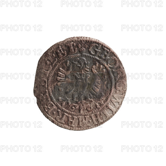 szelag, Pfahler, Ernest; George William Hohenzollern (Elector of Brandenburg; Prince of Prussia; 1620–1640); obverse: Prussian eagle, on its chest the crowned letter S; rim inscription beginning with a heart—GEORG.WILH.MAR.BR., .I.EL.; reverse: monogram composed of the letters GW; rim inscription beginning with a rosette, divided by the Hohenzollern coat of arms SOLIDVS.PR - VSSIAE.1625; 1625; Ducal Prussia (1525–1701), Königsberg; coin; diameter 16.3 mm; weight 0.53 g; axis 0 degrees.