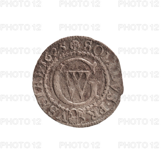 szelag, Pfahler, Ernest; George William Hohenzollern (Elector of Brandenburg; Prince of Prussia; 1620–1640); obverse: Prussian eagle, on its chest the crowned letter S; in the rim between the borders an inscription beginning with a heart/hallmark GEORG.WILH.MAR.BR., .I.EL.; reverse: monogram composed of the letters GW; in the rim between the borders an inscription beginning with a rosette, divided by the Hohenzollern coat of arms SOLIDVS.PR - VSSIAE.1625; date 1625; Duchy of Prussia (1525–1701), Königsberg; coin; diameter 16.3 mm; weight 0.53 g; axis 0 degrees.