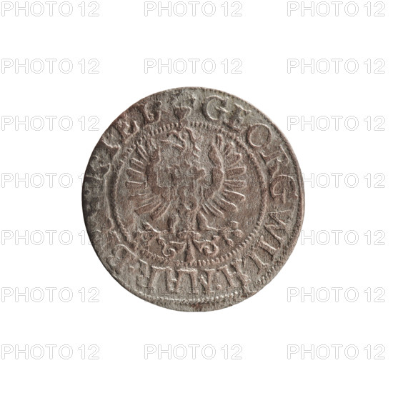szelag, Pfahler, Ernest; George William Hohenzollern (Elector of Brandenburg; Prince of Prussia; 1620–1640); obverse: Prussian eagle with crowned letter S on its chest; in the rim between borders an inscription beginning with a heart: GEORG.WILH.MAR.BR.SRIEL.; reverse: monogram composed of the letters GW; in the rim between borders an inscription beginning with a rosette, divided by the Hohenzollern coat of arms: SOL, R - VSSIAE.1625; date: 1625; place: Ducal Prussia (1525–1701), Königsberg; coin: szelag; diameter 16.2 mm; weight 0.62 g; axis 0°.