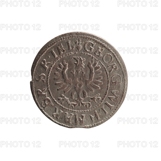szelag, obverse: Prussian eagle with crowned letter S on its chest; rim inscription beginning with a heart, reading GEORG, WILH, MAR, BR, SRIEL; reverse: monogram composed of the letters GW; rim inscription beginning with a rosette, divided by the Hohenzollern coat of arms, reading SOLID, S, SIA, 1628; maker: George William Hohenzollern (Elector of Brandenburg; Prince of Prussia; 1620–1640); Hohenzollern coat of arms and rosettes; Ducal Prussia (1525–1701), Königsberg; coin, diameter 17.3 mm, weight 0.66 g, axis 0 degrees.