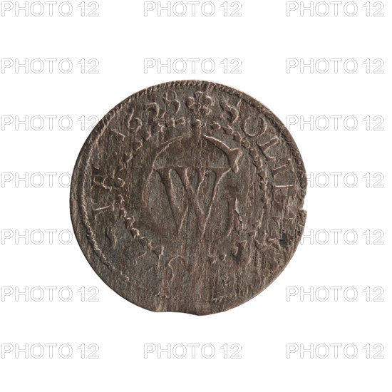 szelag, eagles, George William Hohenzollern (Elector of Brandenburg; Prince of Prussia; 1620–1640), rosettes, Hohenzollern (coat of arms). Obverse: Prussian eagle, on its chest the crowned letter S; in the rim between the borders an inscription beginning with a heart — GEORG, WILH, MAR, BR, SRIEL. Reverse: monogram composed of the letters GW; in the rim between the borders an inscription beginning with a rosette, divided by the Hohenzollern coat of arms — SOLID, S, SIA, 1628. Ducal Prussia (1525–1701), Königsberg. Coin: diameter 17.3 mm, weight 0.66 g, axis 0°.