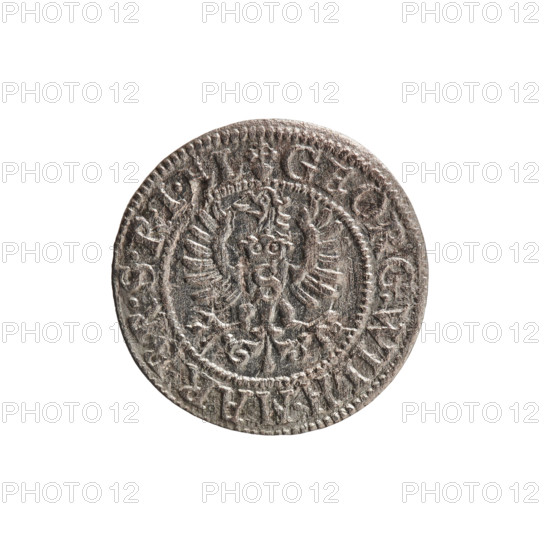szelag, George William Hohenzollern (Elector of Brandenburg; Prince of Prussia; 1620–1640), Obv.: Prussian eagle with crowned letter S on its chest; in rim between borders an inscription beginning with a heart — GEORG.WILH.MAR.BR.SRIEL. Rev.: monogram composed of the letters GW; in rim between borders an inscription divided by the Hohenzollern coat of arms +SOLIDVS.PR - VSSIAE.1625. Date: 1625. Place: Ducal Prussia (Königsberg). Coin: diameter 16.3 mm, weight 0.65 g, axis 0 degrees.