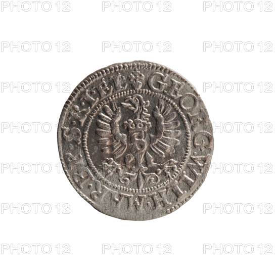 szelag, Pfahler, Ernest, George William Hohenzollern (Elector of Brandenburg; Prince of Prussia; 1620–1640), eagles, rosettes, Hohenzollern (coat of arms). Obverse: Prussian eagle, on its chest the crowned letter S; in the rim between the borders an inscription beginning with a heart — GEORG.WILH.MAR.BR.SRIEL. Reverse: monogram composed of the letters GW; in the rim between the borders an inscription divided by the Hohenzollern coat of arms +SOLIDVS.PR - VSSIA. Date: 1625. Place: Ducal Prussia (1525–1701), Königsberg. Coin: diameter 16.3 mm, weight 0.53 g, axis 0 degrees.