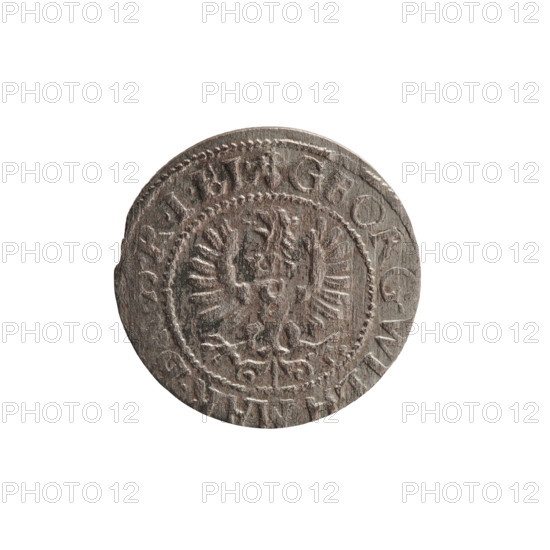 szelag, eagles, George William Hohenzollern (Elector of Brandenburg; Prince of Prussia; 1620–1640), rosettes, Hohenzollern (coat of arms). Obverse: Prussian eagle with a crowned letter S on its chest; in the rim between the borders an inscription beginning with a heart — GEORG.WILH.MAR., RIEL. Reverse: monogram composed of the letters GW; in the rim between the borders an inscription beginning with a rosette, divided by the Hohenzollern coat of arms — SOLIDVS.PR -, 62. 1628. Ducal Prussia (1525–1701), Königsberg. Coin: diameter 15.8 mm, weight 0.68 g, axis 0°.