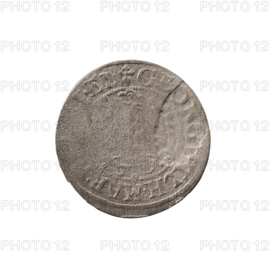 szelag; maker: Ernest Pfahler; material: coin; date: 1625; place: Königsberg, Ducal Prussia (1525–1701); diameter 16.3 mm; weight 0.53 g; axis 0°; obverse: Prussian eagle with crowned letter S on its chest, rim inscription beginning with a heart and the hallmark GE, ILH.MAR., .EL.; reverse: monogram composed of the letters GW, rim inscription divided by the Hohenzollern coat of arms +SO, .PR - VSSIAE.1625; motifs: eagles, rosettes, Hohenzollern (coat of arms); associated person: George William Hohenzollern (Elector of Brandenburg; Prince of Prussia; 1620–1640).